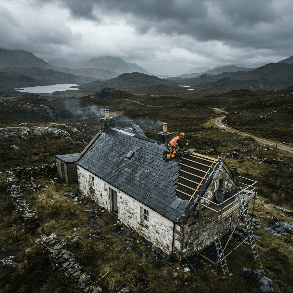 Professional roofer working on a Scottish slate roof